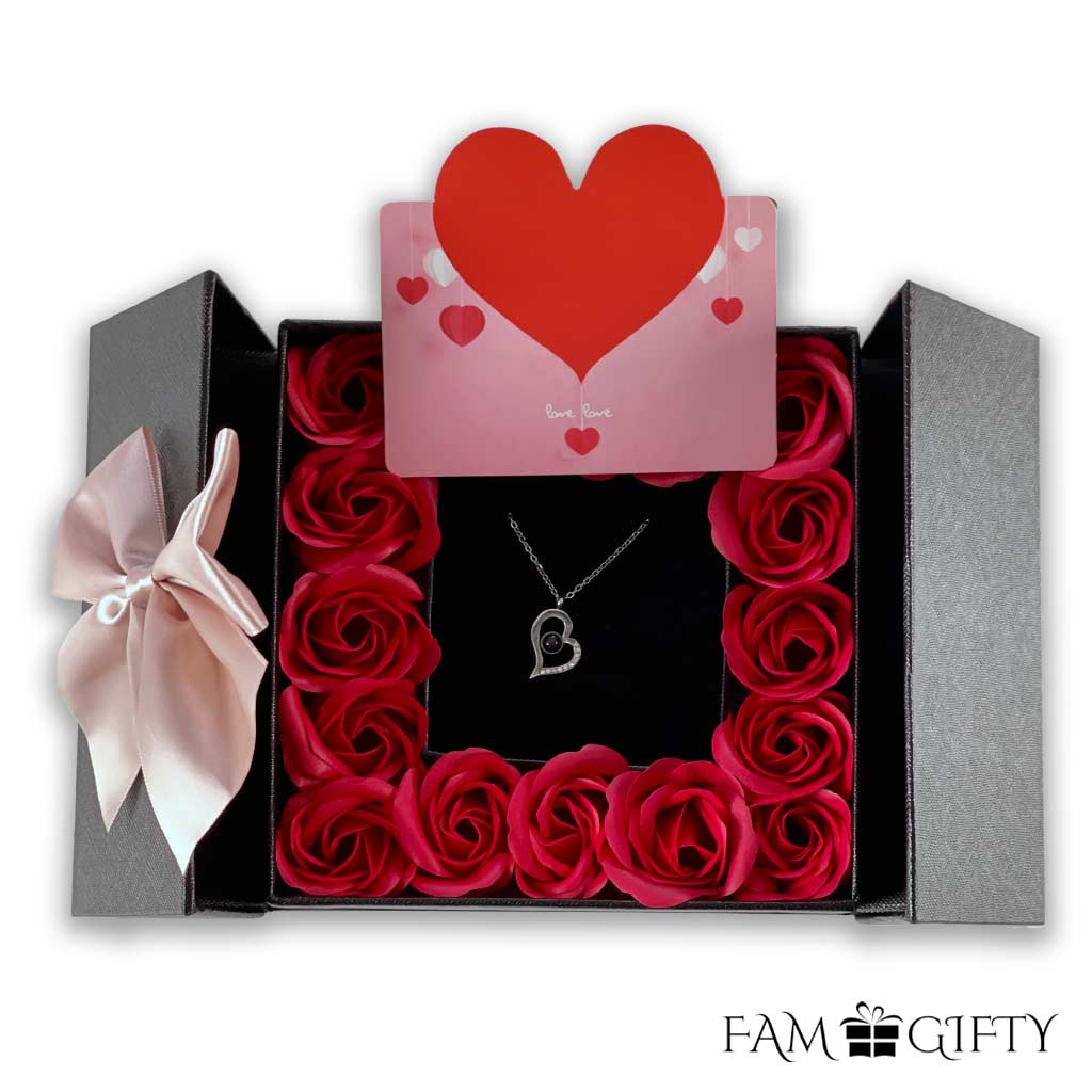 16 Mini Roses Jewelry Box with Love Necklace Set