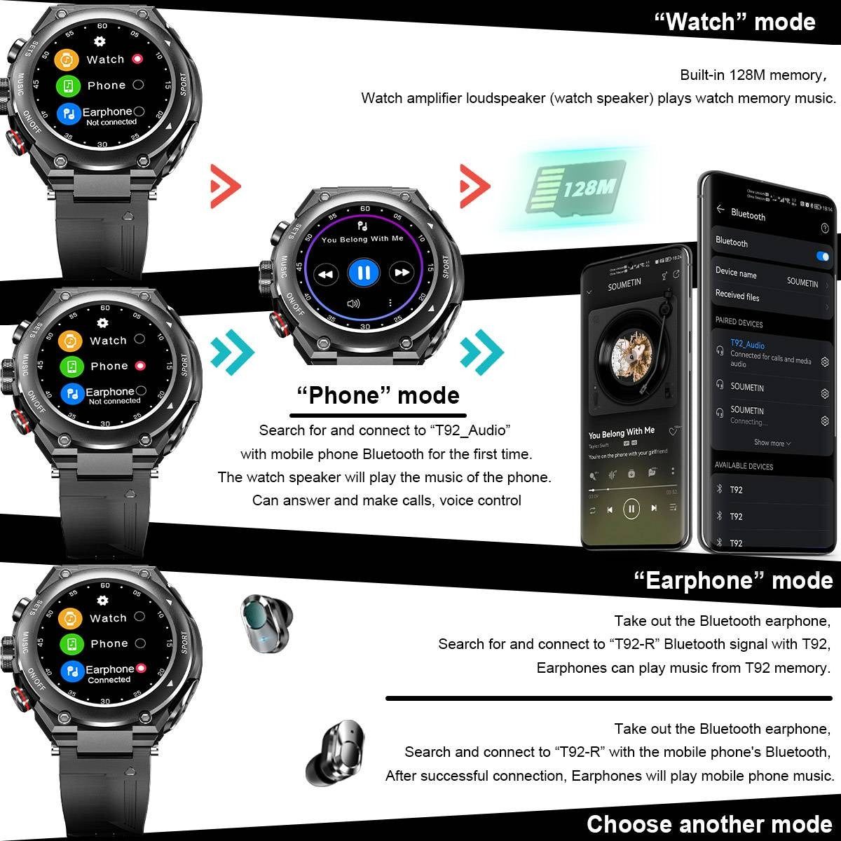 Black Friday - T92 2 in 1 Smart Watch with Wireless Earphones