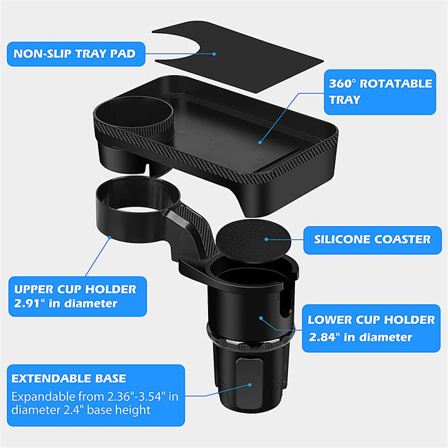 Car Cup Holder Expander Tray, 360° Rotation Detachable Table Car Cup Holder Adapter