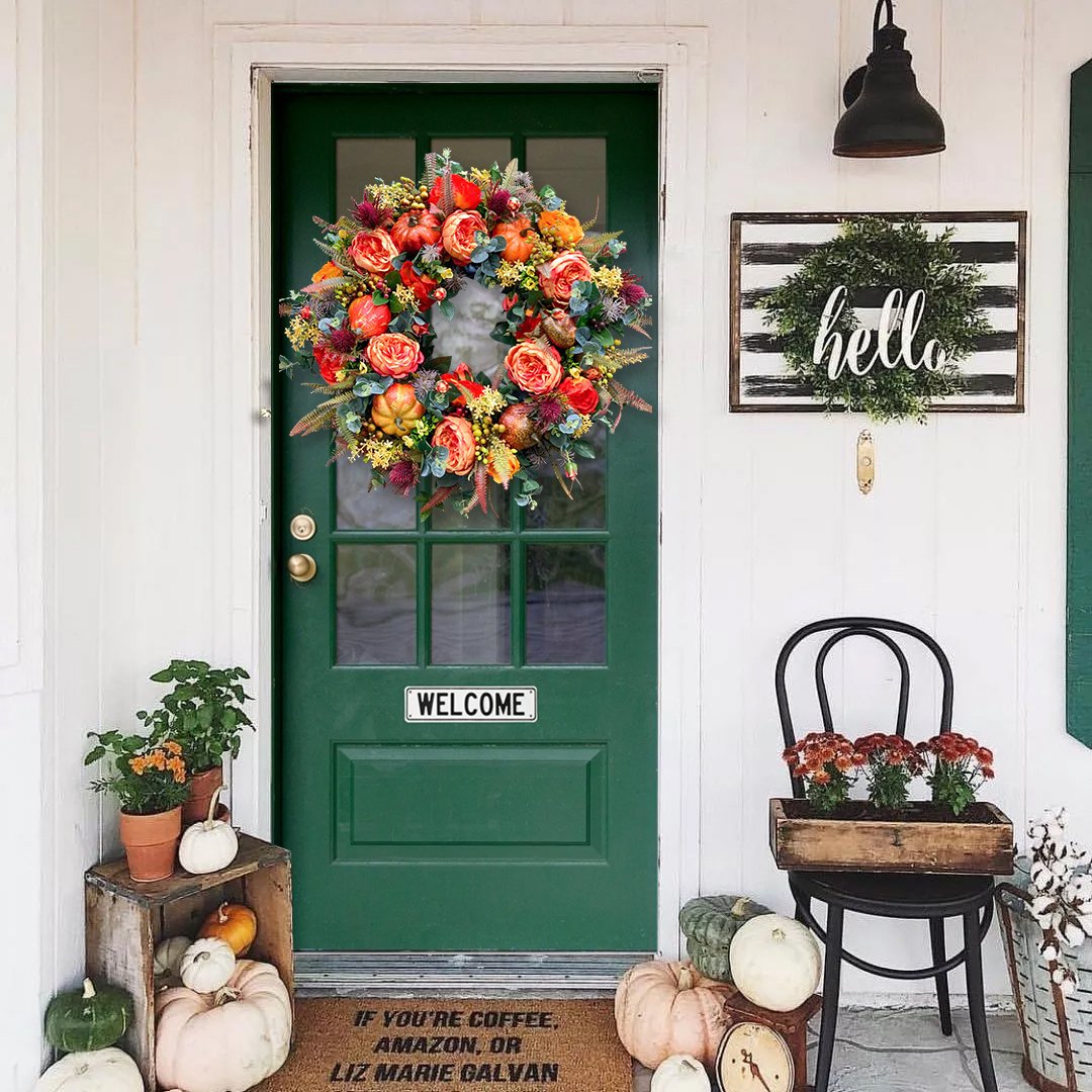 Fall Peony and Pumpkin Wreath - Year Round Wreath