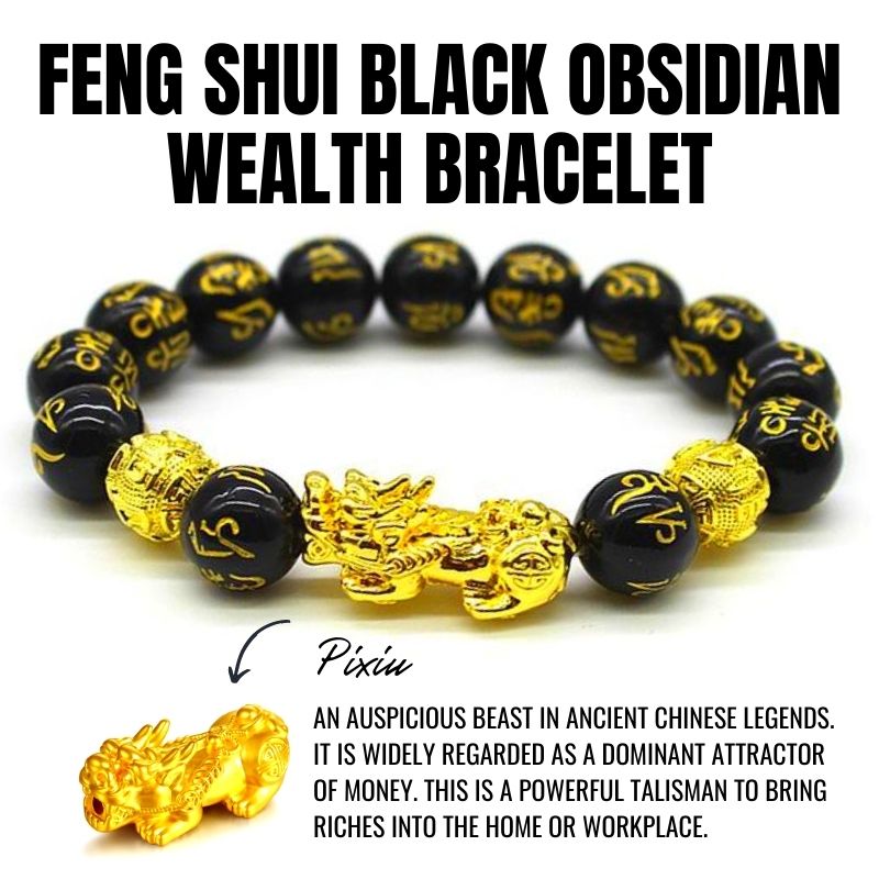 Feng Shui Black Obsidian Wealth Bracelet - Pixiu, Wealth, Buddha