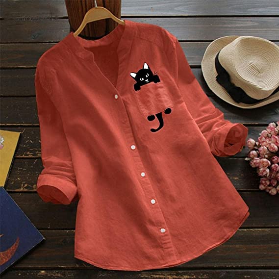 LAST DAY 49% OFF - V-neck Cotton And Cat Print Long Sleeve Blouse