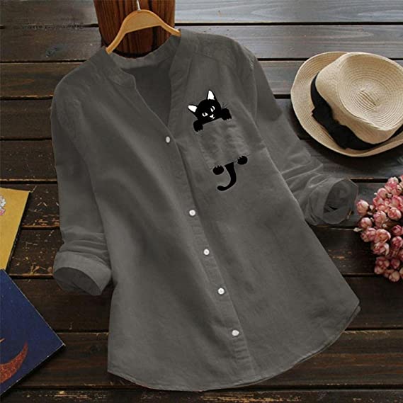 LAST DAY 49% OFF - V-neck Cotton And Cat Print Long Sleeve Blouse