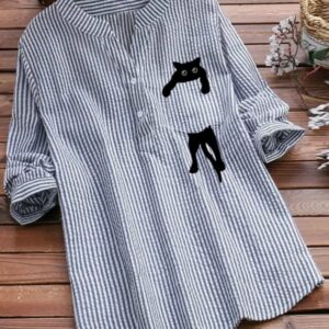 LAST DAY 49% OFF – V-neck Cotton And Cat Print Long Sleeve Blouse