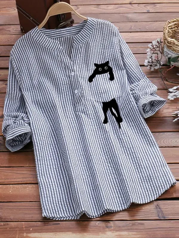 LAST DAY 49% OFF - V-neck Cotton And Cat Print Long Sleeve Blouse