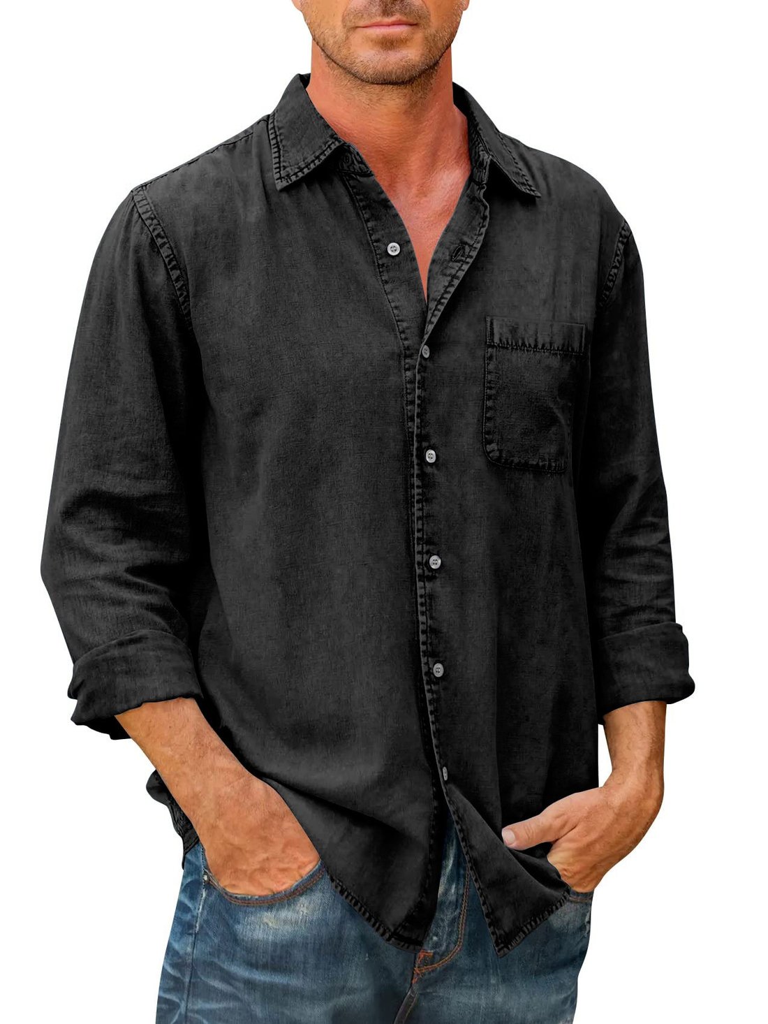 Last Day 75% Off - Mens Denim Long Sleeve Button Down Shirt