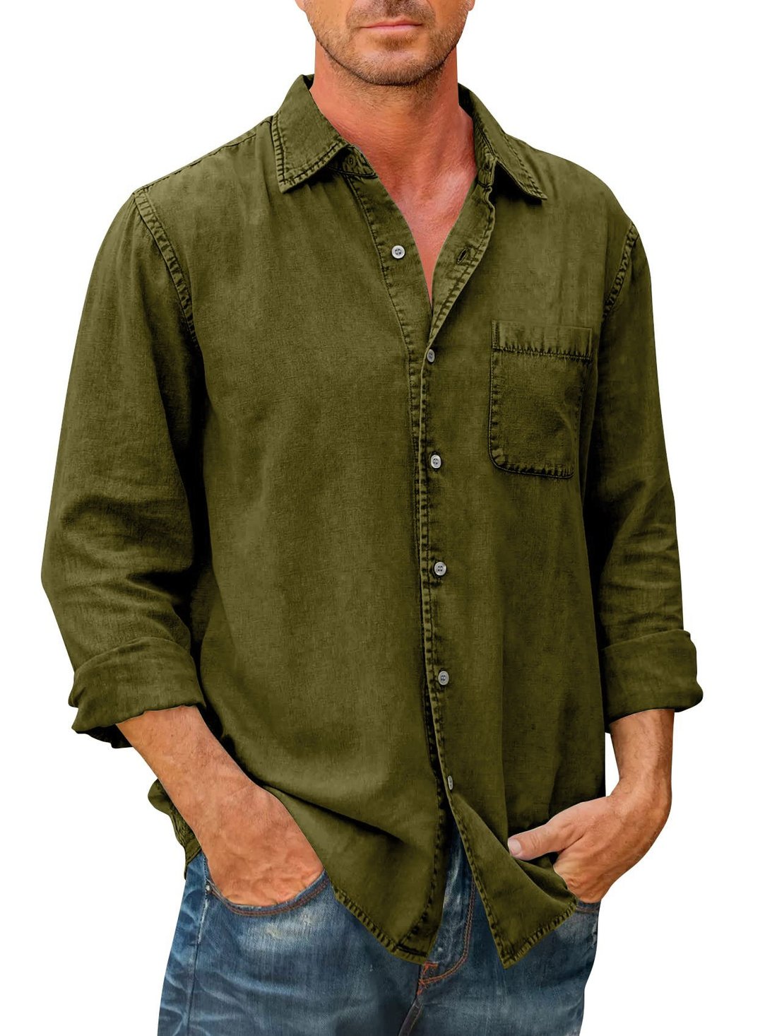 Last Day 75% Off - Mens Denim Long Sleeve Button Down Shirt