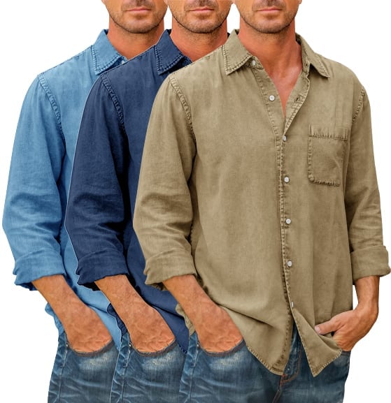 Last Day 75% Off - Mens Denim Long Sleeve Button Down Shirt