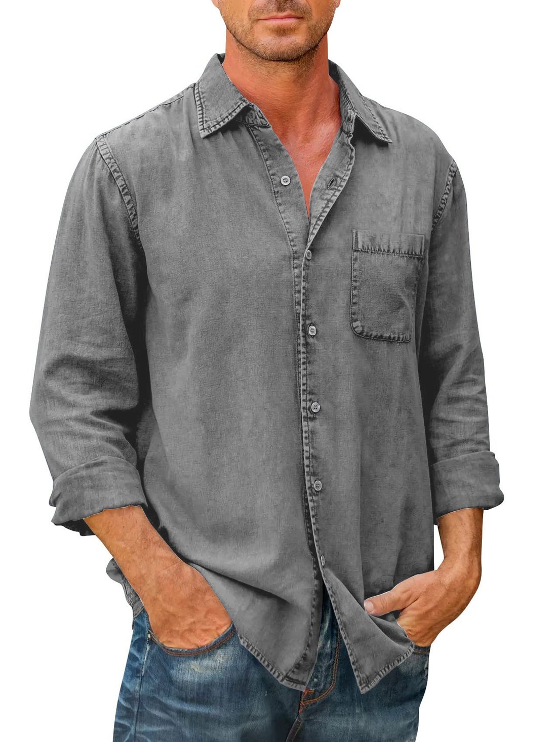 Last Day 75% Off - Mens Denim Long Sleeve Button Down Shirt