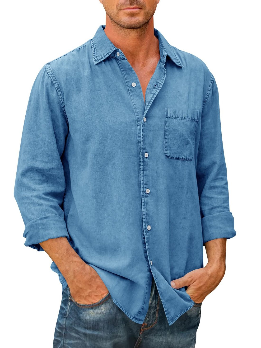 Last Day 75% Off - Mens Denim Long Sleeve Button Down Shirt