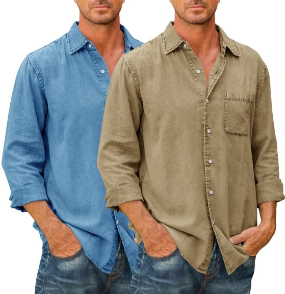 Last Day 75% Off - Mens Denim Long Sleeve Button Down Shirt