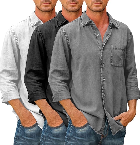 Last Day 75% Off - Mens Denim Long Sleeve Button Down Shirt