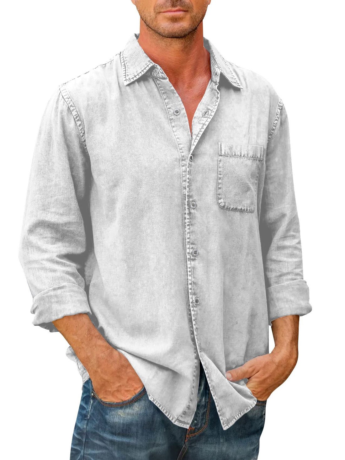 Last Day 75% Off - Mens Denim Long Sleeve Button Down Shirt