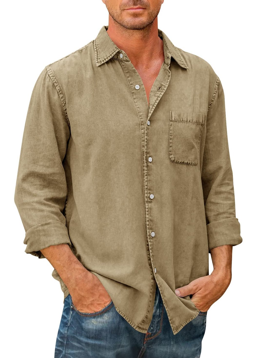 Last Day 75% Off - Mens Denim Long Sleeve Button Down Shirt