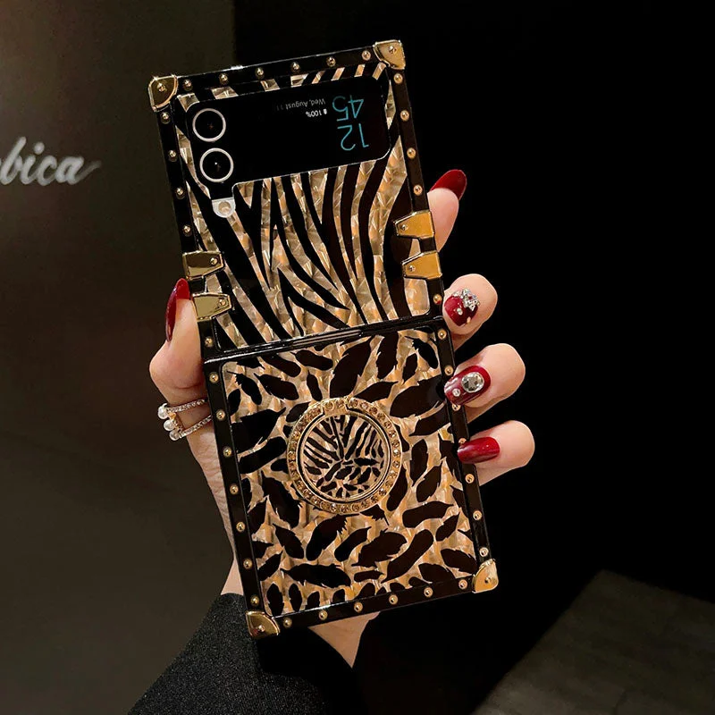 Luxury Leopard Pattern Stripe Glitter Gold Square Case For Samsung Galaxy Z Flip4 Flip3 5G