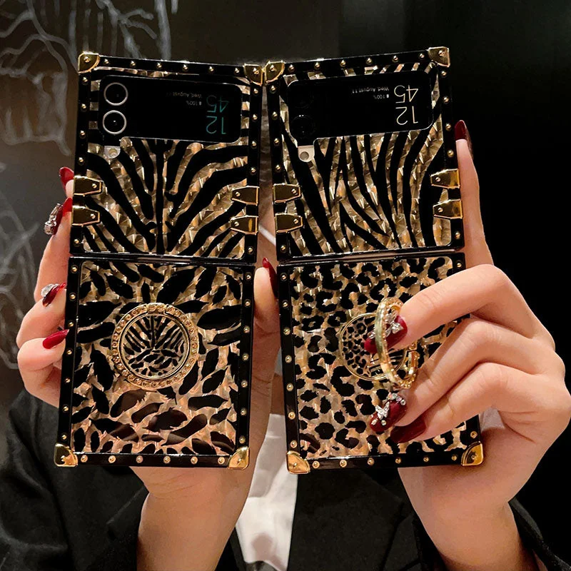 Luxury Leopard Pattern Stripe Glitter Gold Square Case For Samsung Galaxy Z Flip4 Flip3 5G