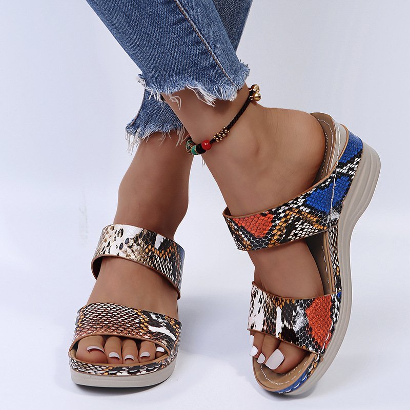 2023 - New Leopard Print Leather Wedge Soft Sole Sandals