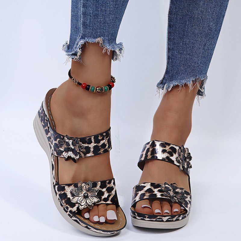 2023 - New Leopard Print Leather Wedge Soft Sole Sandals