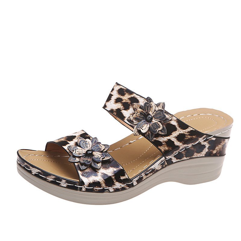 2023 - New Leopard Print Leather Wedge Soft Sole Sandals