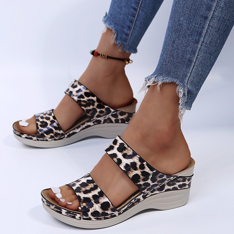 2023 - New Leopard Print Leather Wedge Soft Sole Sandals