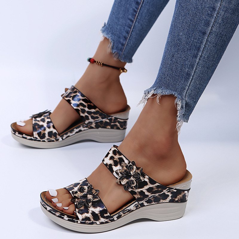 2023 - New Leopard Print Leather Wedge Soft Sole Sandals