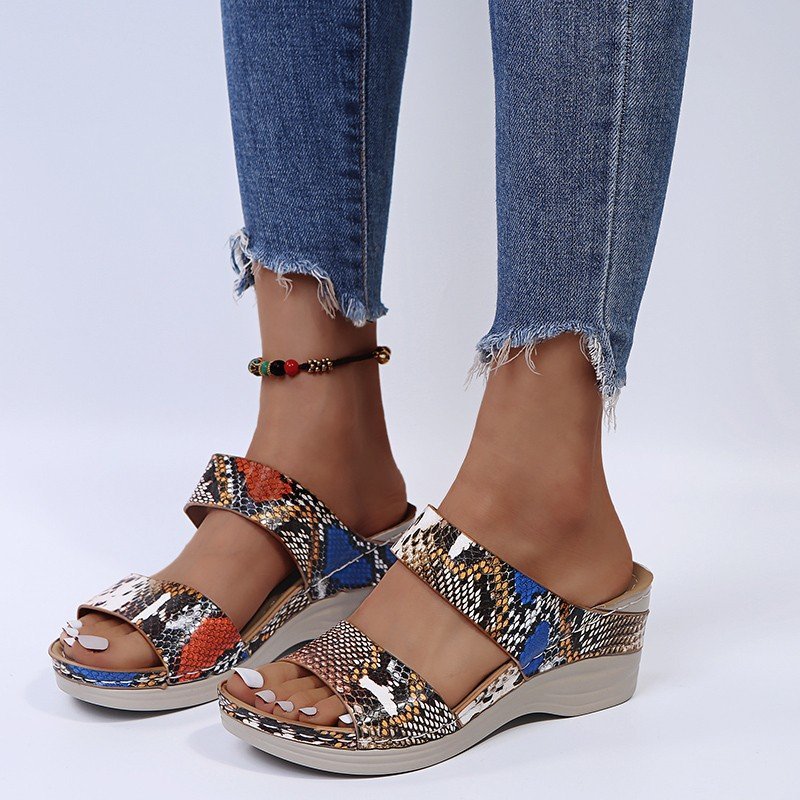 2023 - New Leopard Print Leather Wedge Soft Sole Sandals