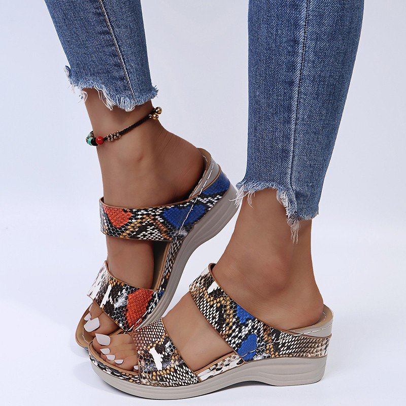 2023 - New Leopard Print Leather Wedge Soft Sole Sandals