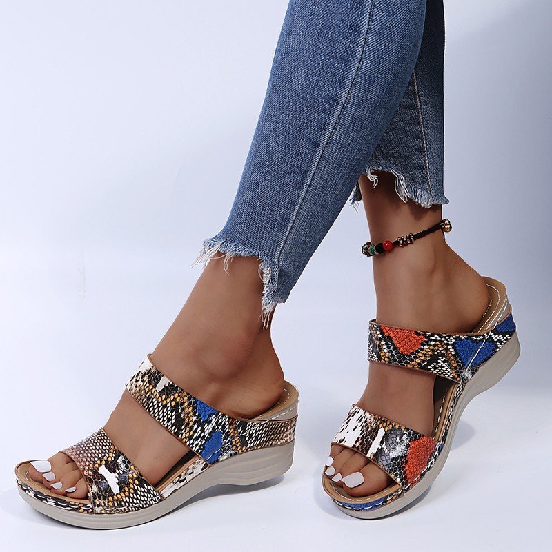 2023 - New Leopard Print Leather Wedge Soft Sole Sandals