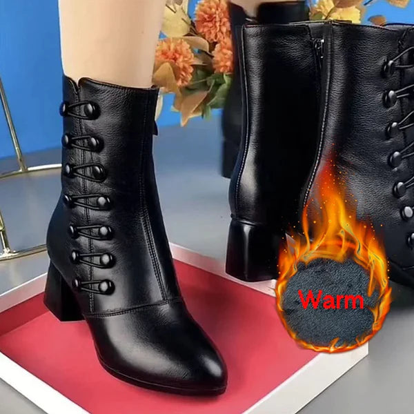 2023 Women Warm Side Butto Leather Ankle Boots