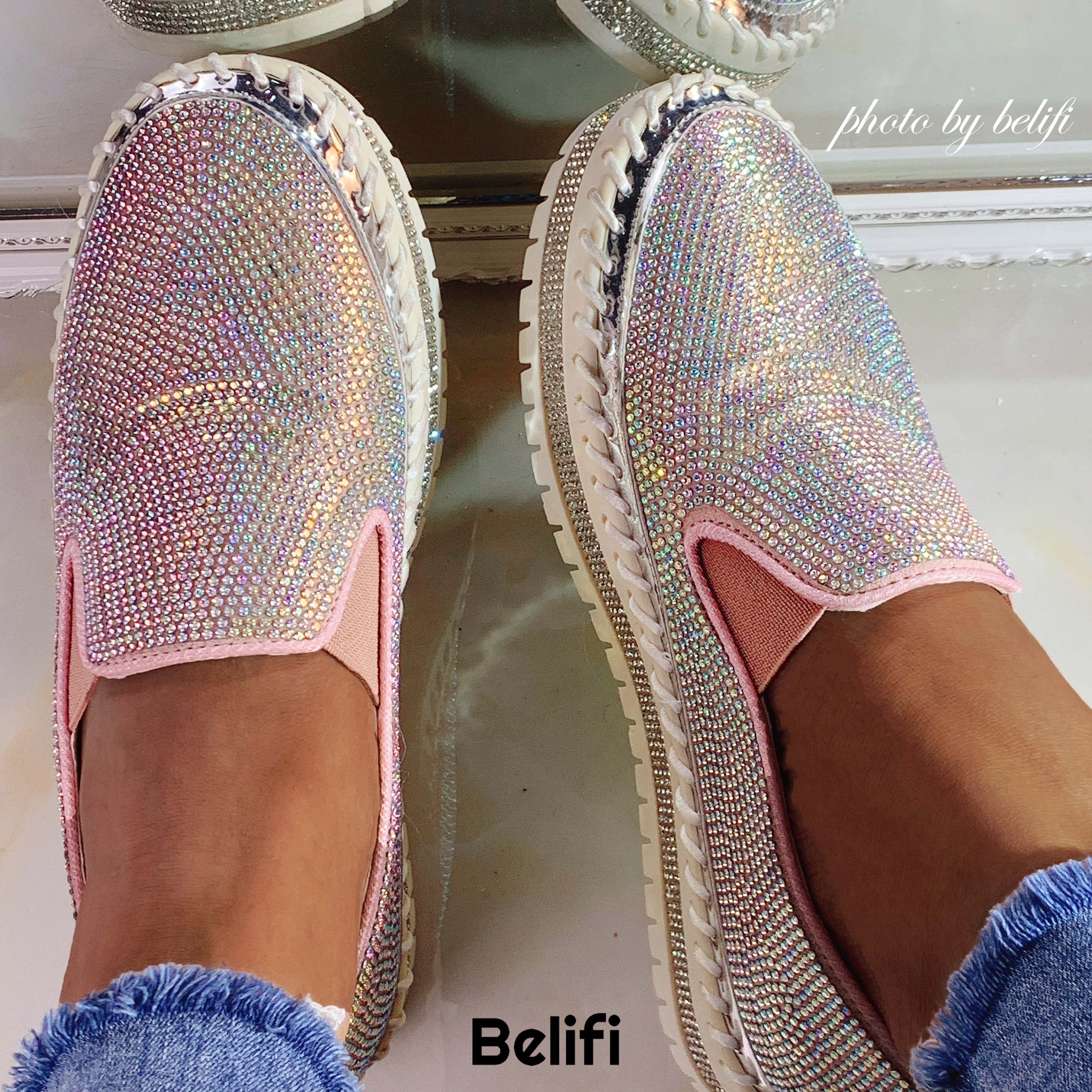 Belifi - Women Rhinestone Platform Breathable Slip-on Shoes