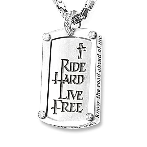 Biker's Blessing Engraved Dog Tag Pendant Necklace