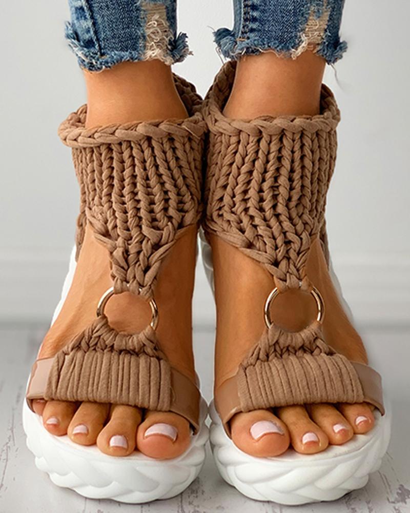 Braided Knit O-Ring Cutout Platform Sandals