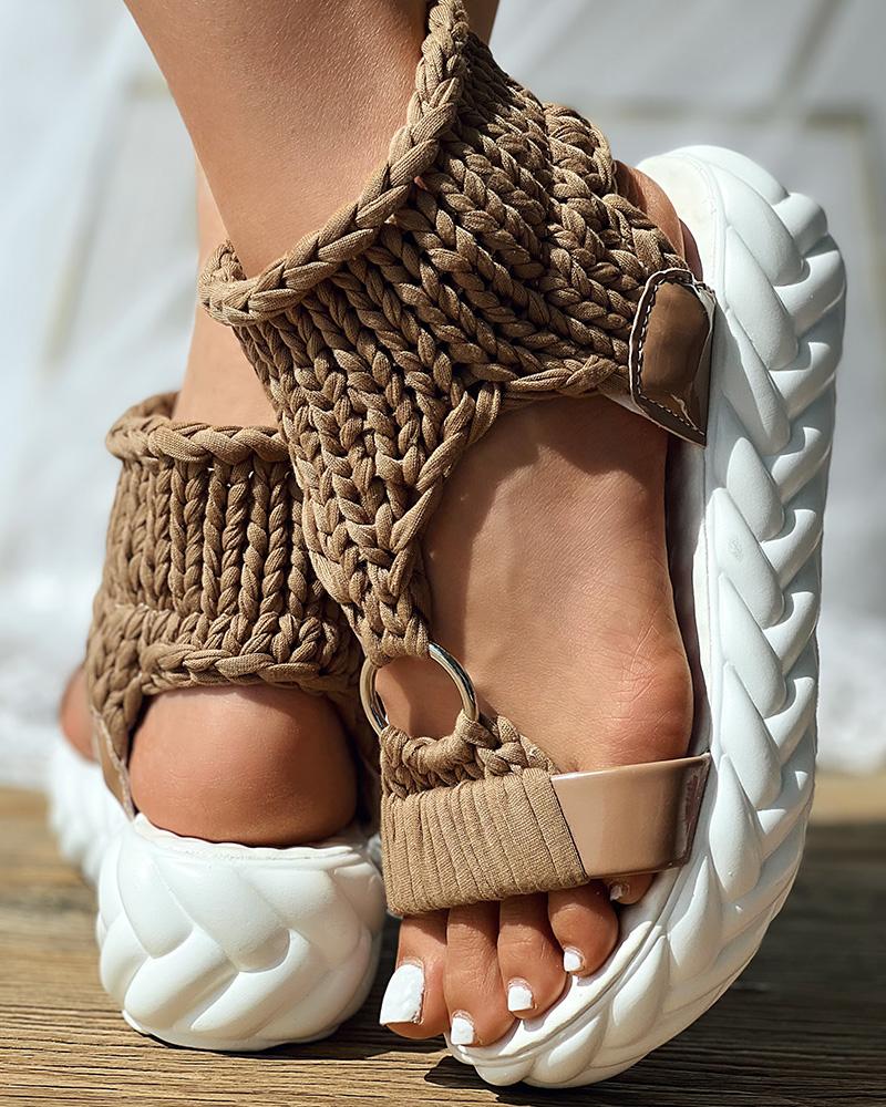 Braided Knit O-Ring Cutout Platform Sandals