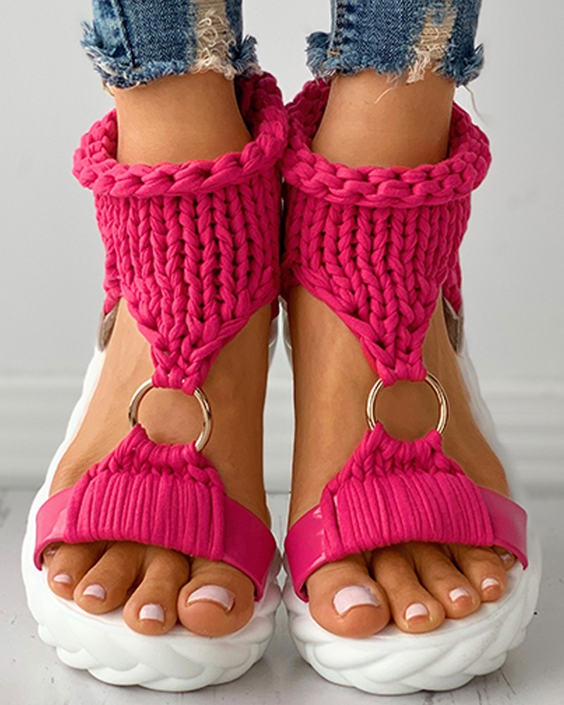 Braided Knit O-Ring Cutout Platform Sandals