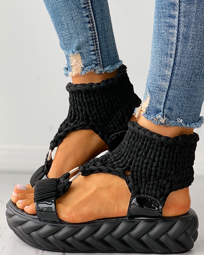 Braided Knit O-Ring Cutout Platform Sandals