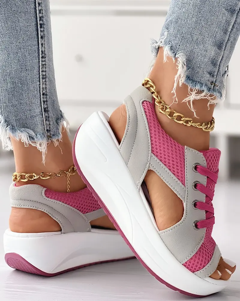 Contrast Paneled Cutout Lace-up Muffin Sandals