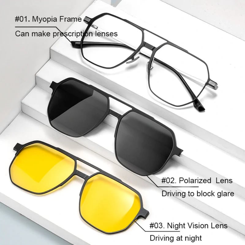 FOR MEN & WOMEN "3-IN-1 MAGNETIC POLARIZED SUNGLASSES: ALUMINUM-MAGNESIUM FRAME, NIGHT VISION & PILOT STYLE "