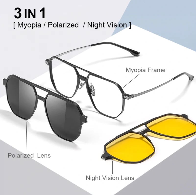 FOR MEN & WOMEN "3-IN-1 MAGNETIC POLARIZED SUNGLASSES: ALUMINUM-MAGNESIUM FRAME, NIGHT VISION & PILOT STYLE "