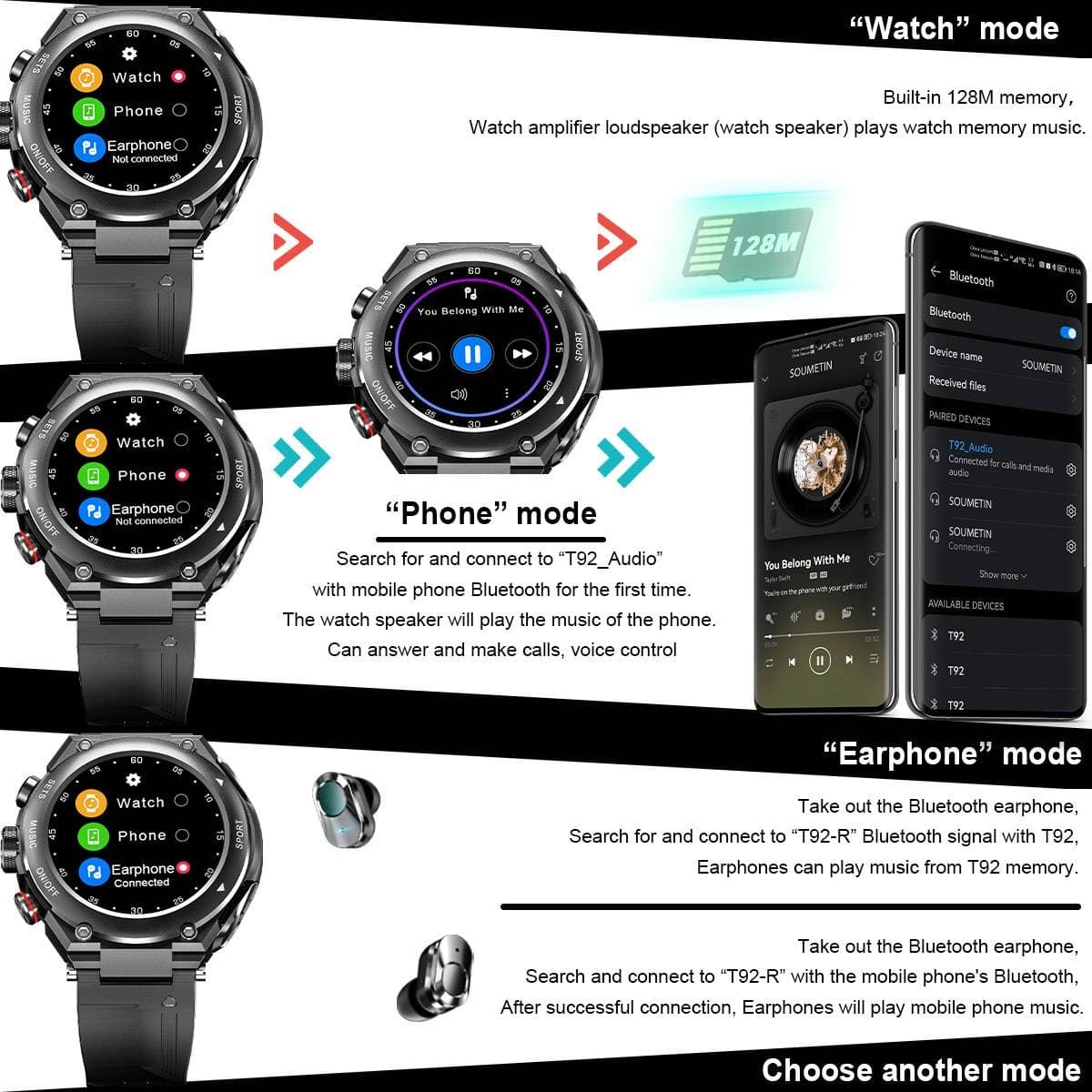 Restro - Sports Smartwatch with Wireless Earphones (Works with iPhone & Android)