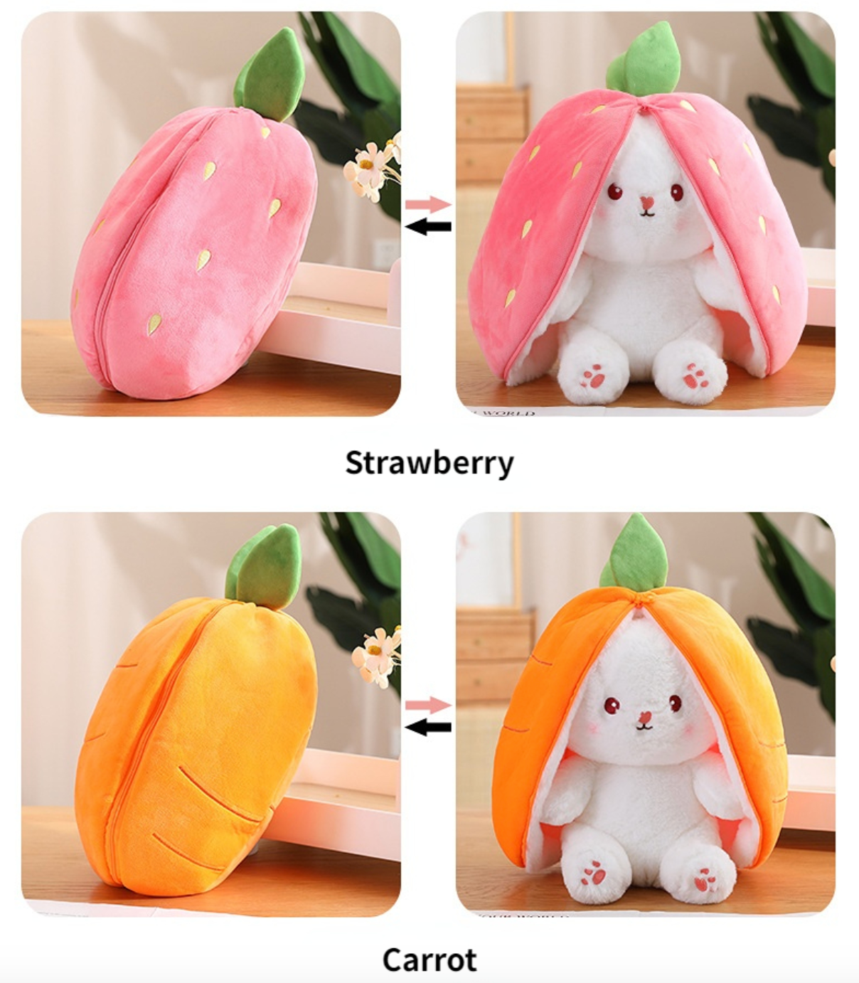 Reversible Carrot Strawberry Bunny Plushies