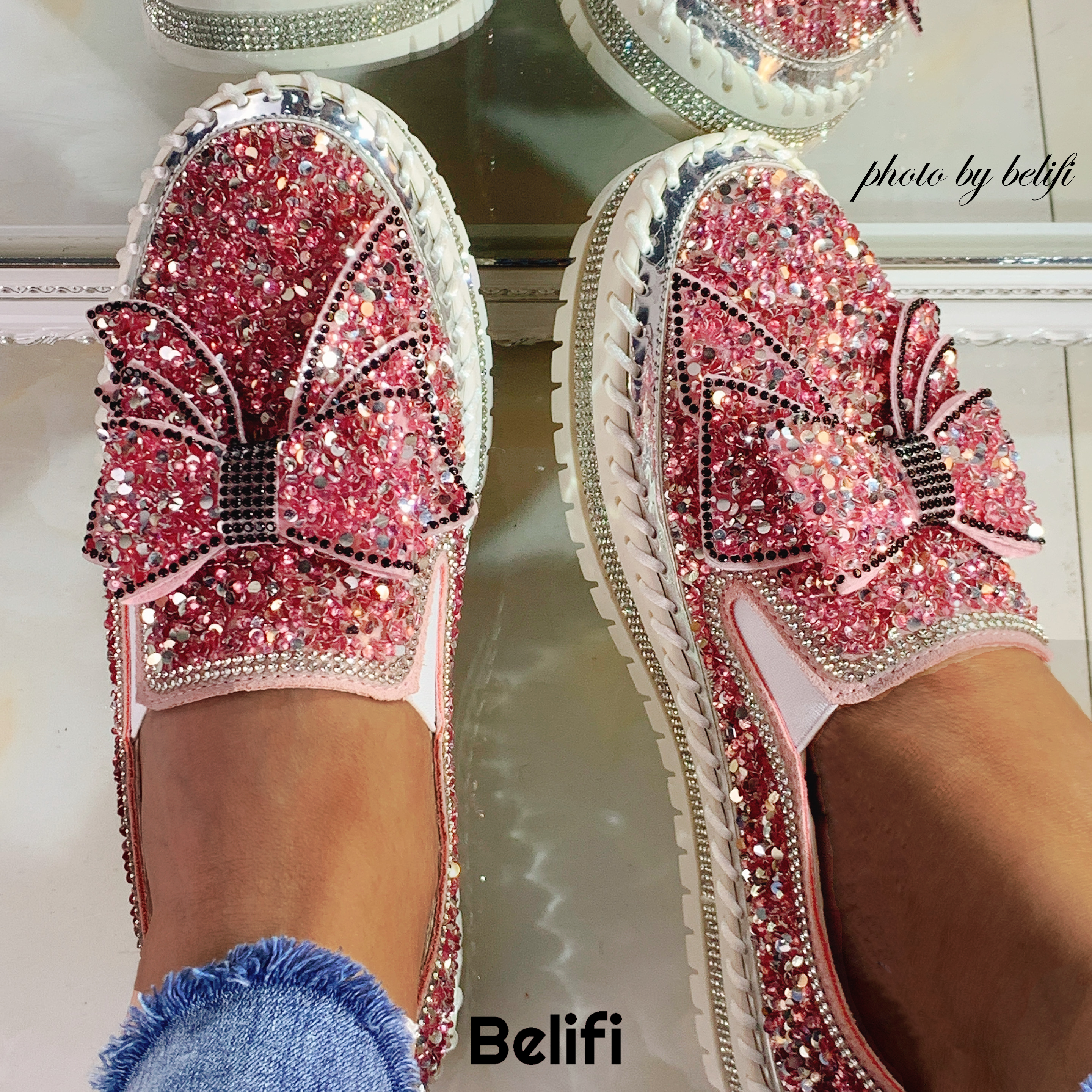 Shining Rhinestone Slip-on Thick Botton Casual Ladies Crystal Shoes