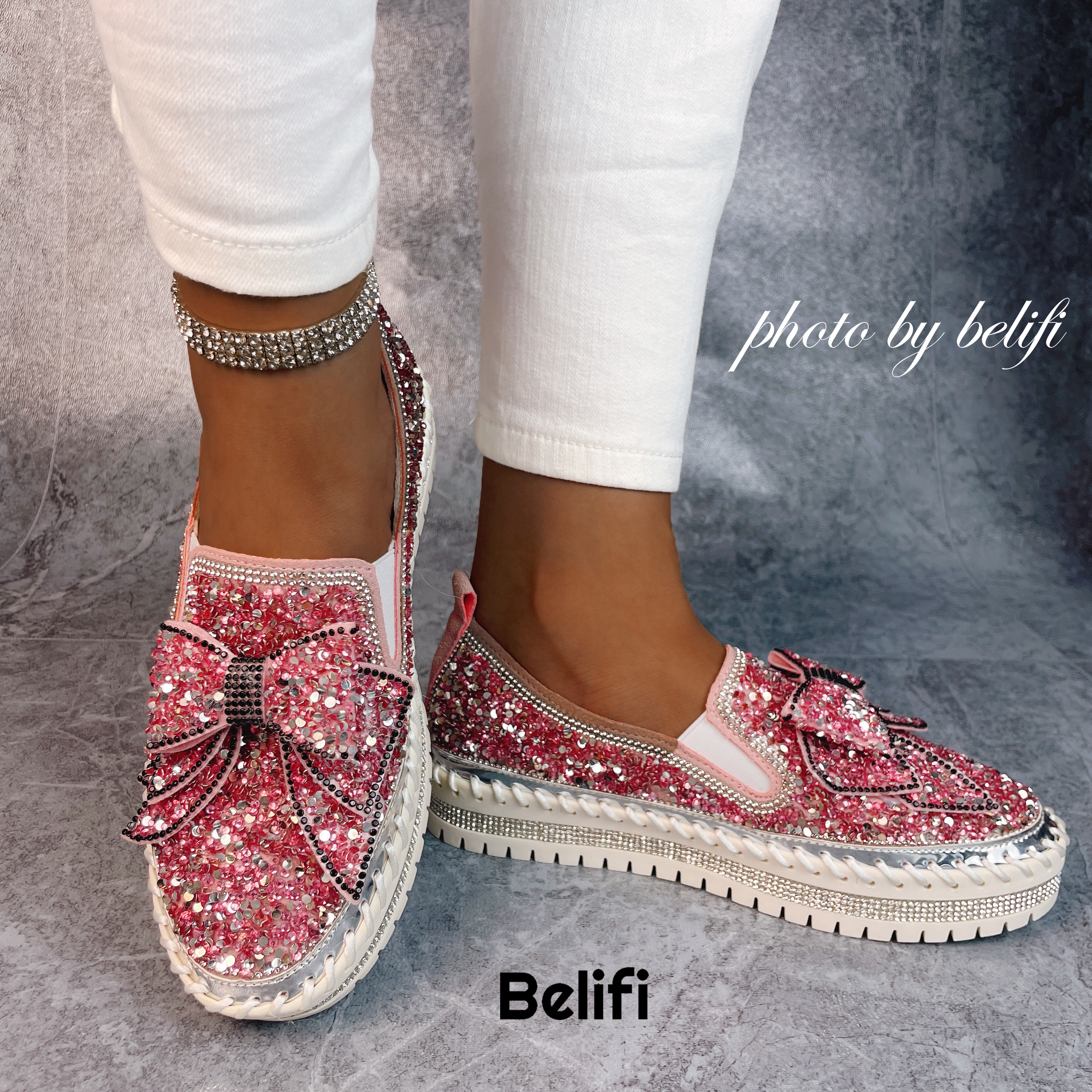 Shining Rhinestone Slip-on Thick Botton Casual Ladies Crystal Shoes