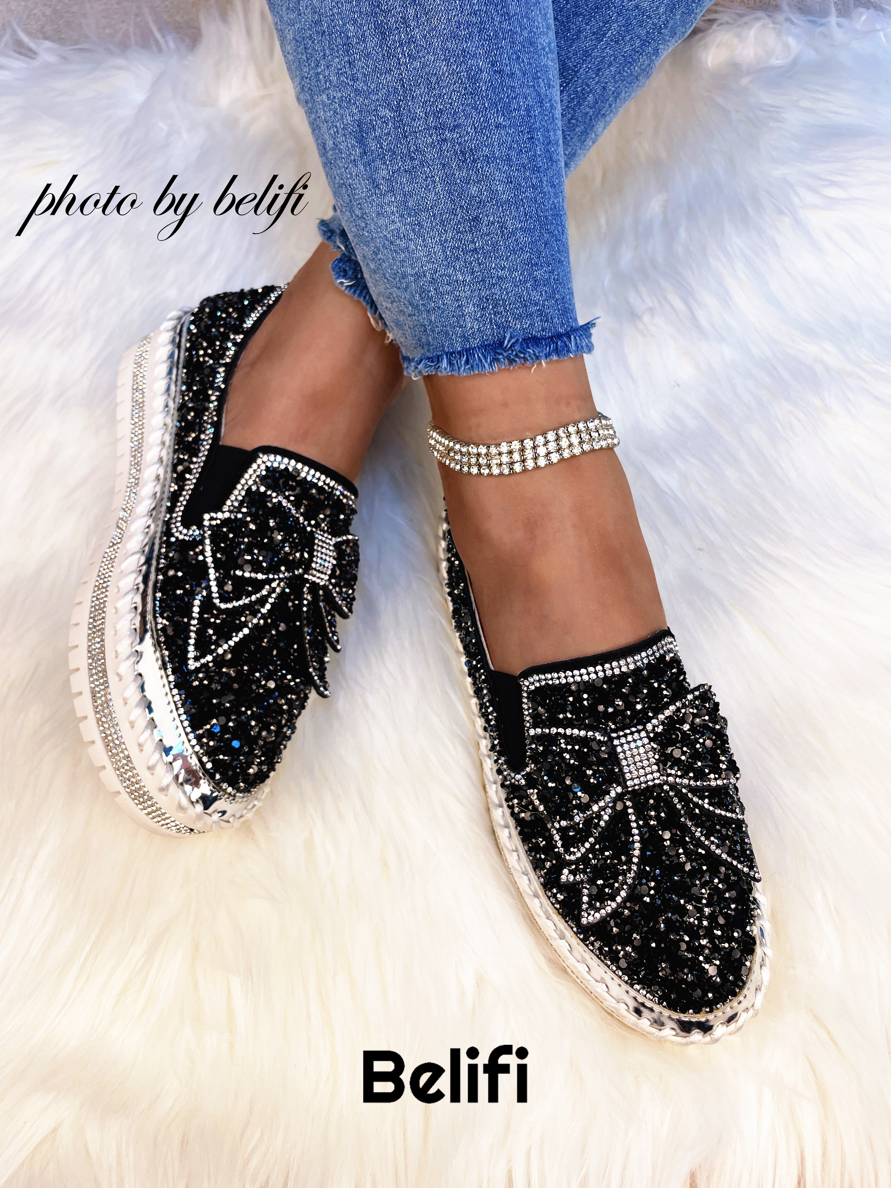 Shining Rhinestone Slip-on Thick Botton Casual Ladies Crystal Shoes