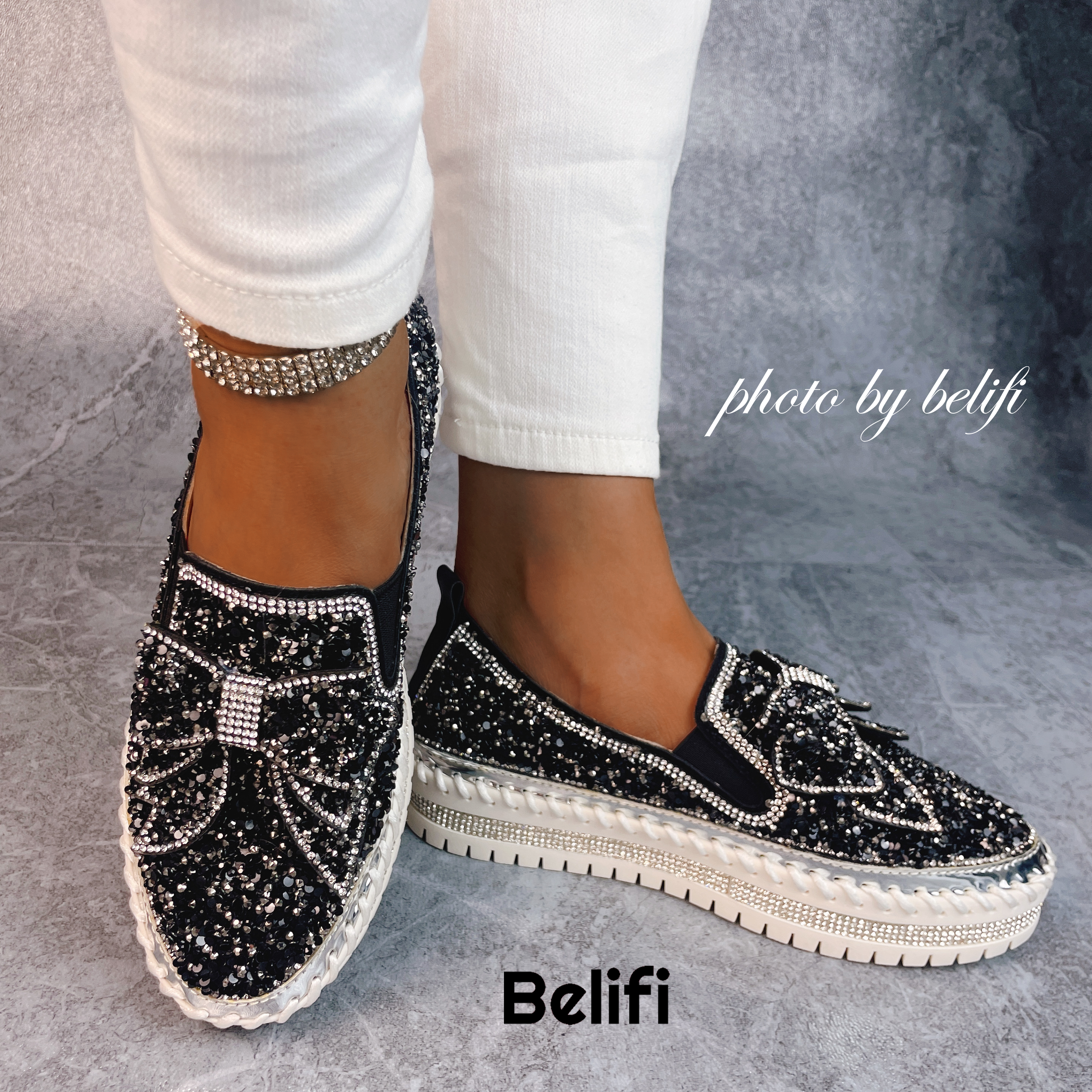 Shining Rhinestone Slip-on Thick Botton Casual Ladies Crystal Shoes