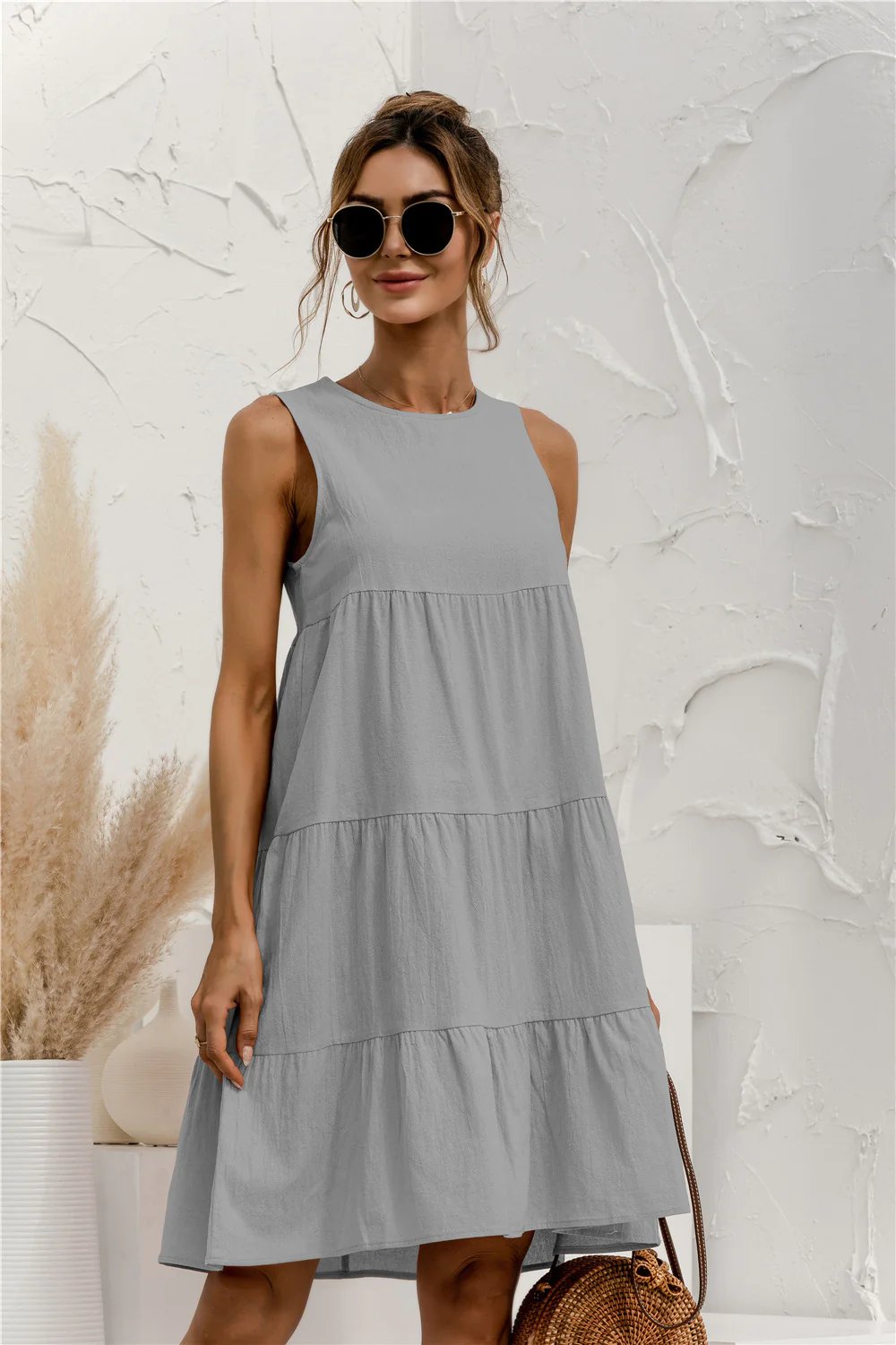 Sleeveless Round Neck Tiered Swing Dress
