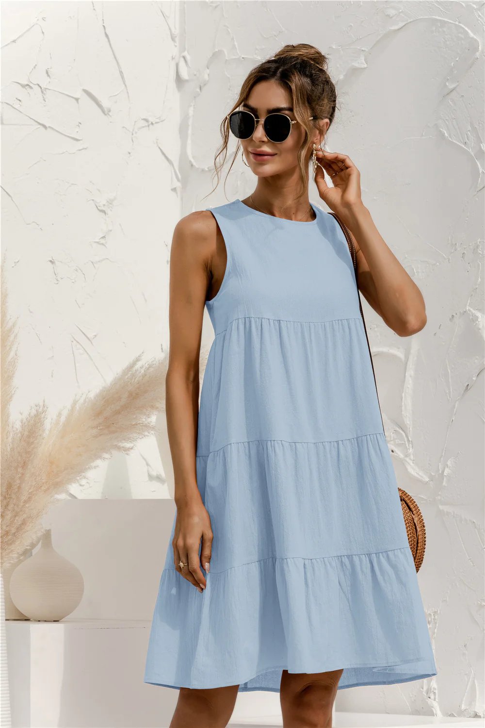 Sleeveless Round Neck Tiered Swing Dress
