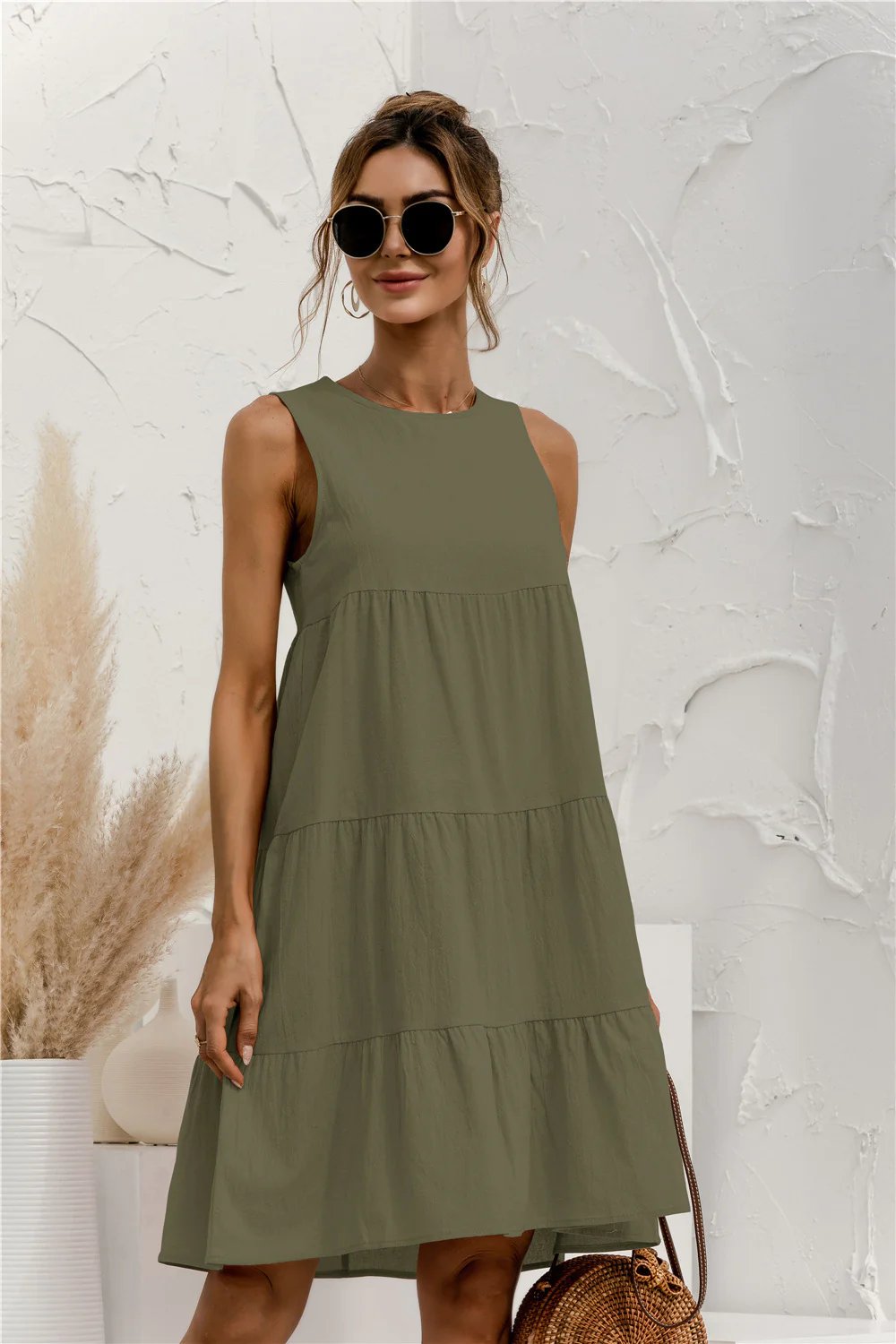 Sleeveless Round Neck Tiered Swing Dress
