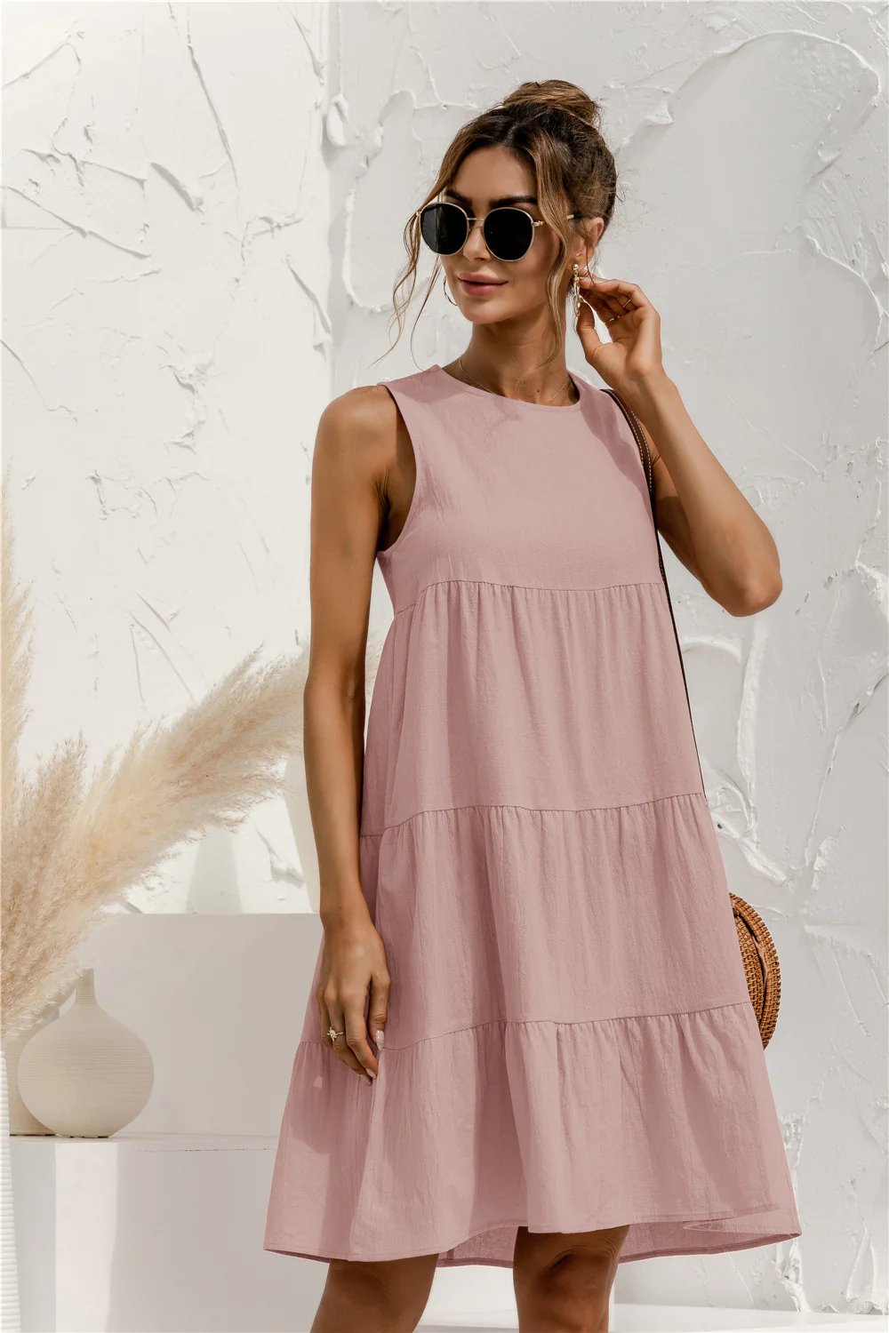 Sleeveless Round Neck Tiered Swing Dress
