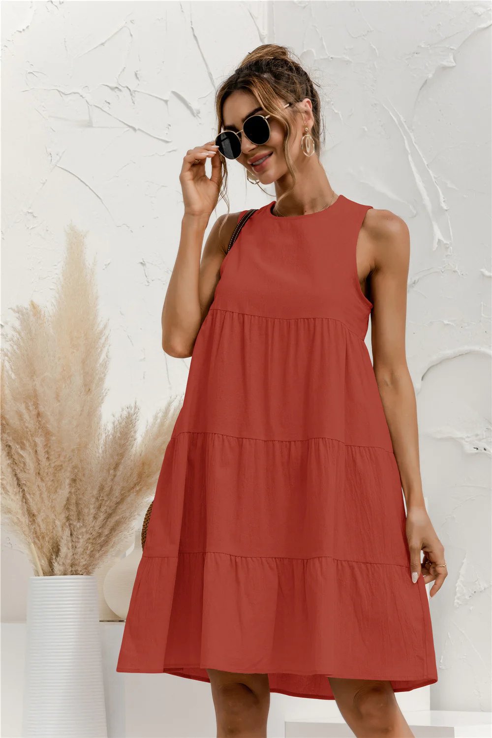 Sleeveless Round Neck Tiered Swing Dress
