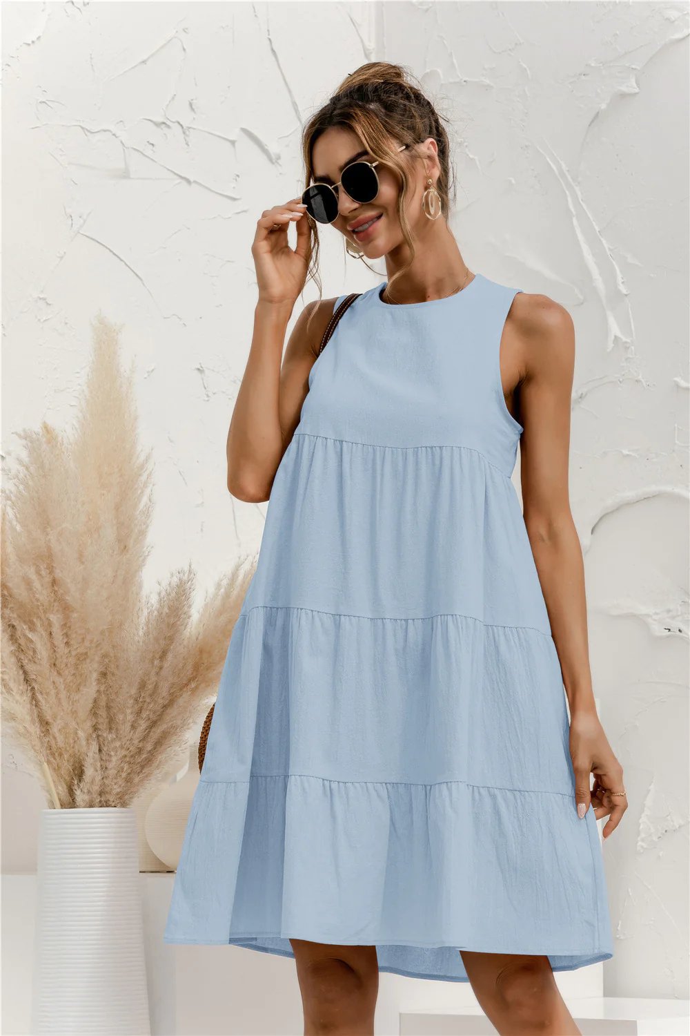 Sleeveless Round Neck Tiered Swing Dress
